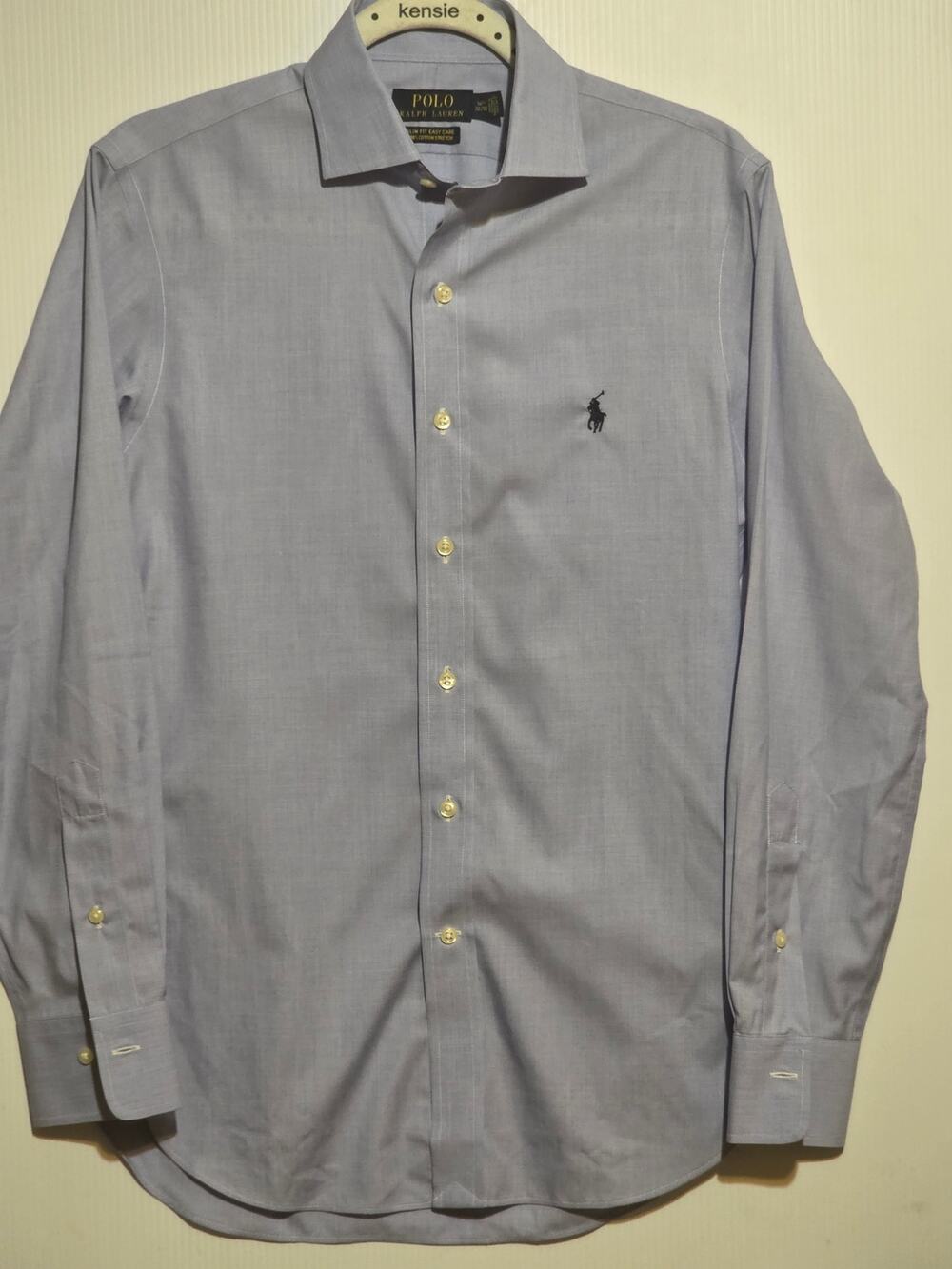 Polo Ralph Lauren Size 14.5 32/33 Blue Solid Slim Fit Dress Shirt Cotton Stretch